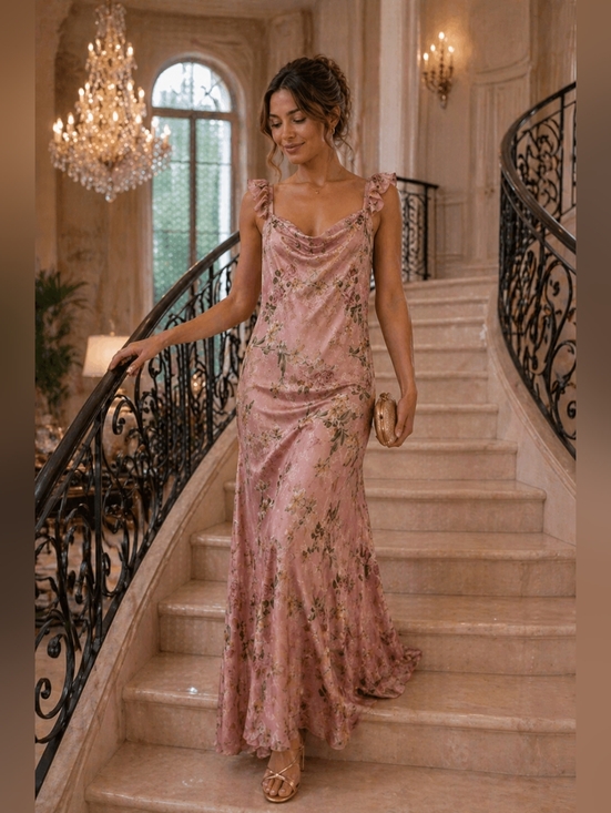 Dress Forum Dresses & Skirts - Floral Dress S Pink Maxi Dress Cowl Neck Backless Gown